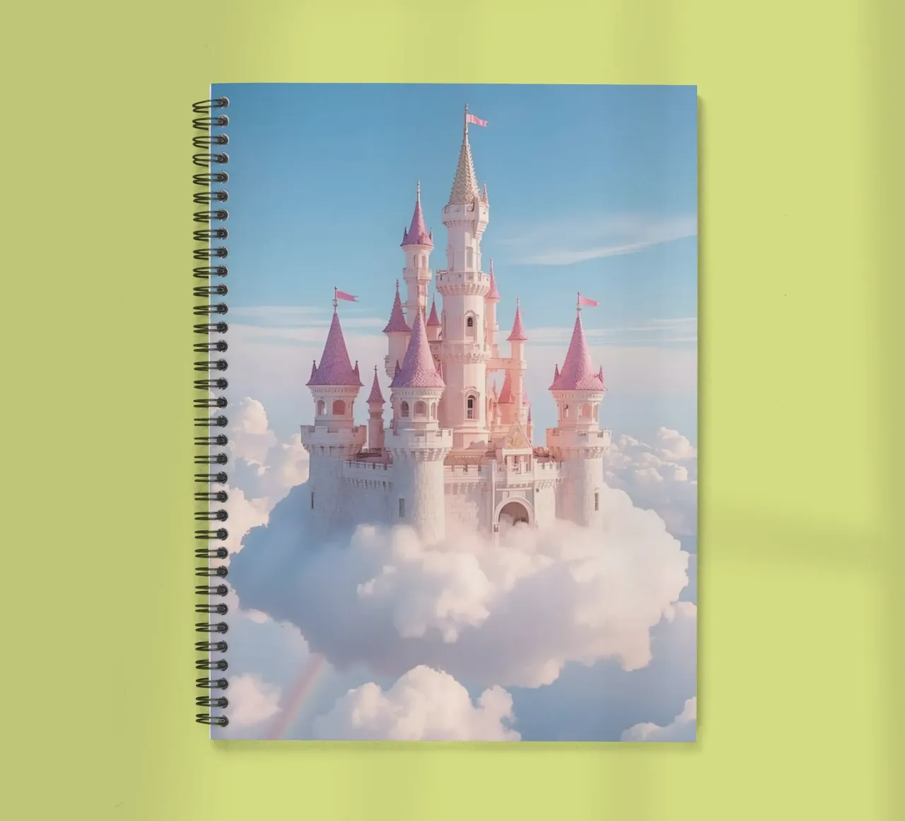 Castle floating on clouds with rainbow spiral notebook by DesignDoodle