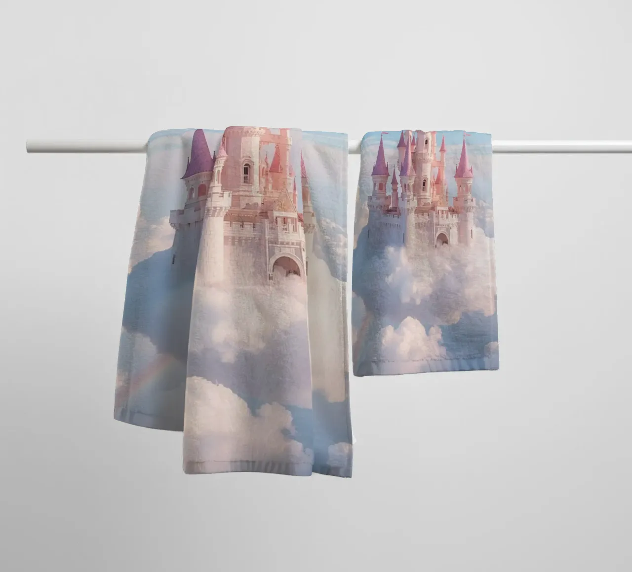 Castle floating on clouds with rainbow towel by DesignDoodle