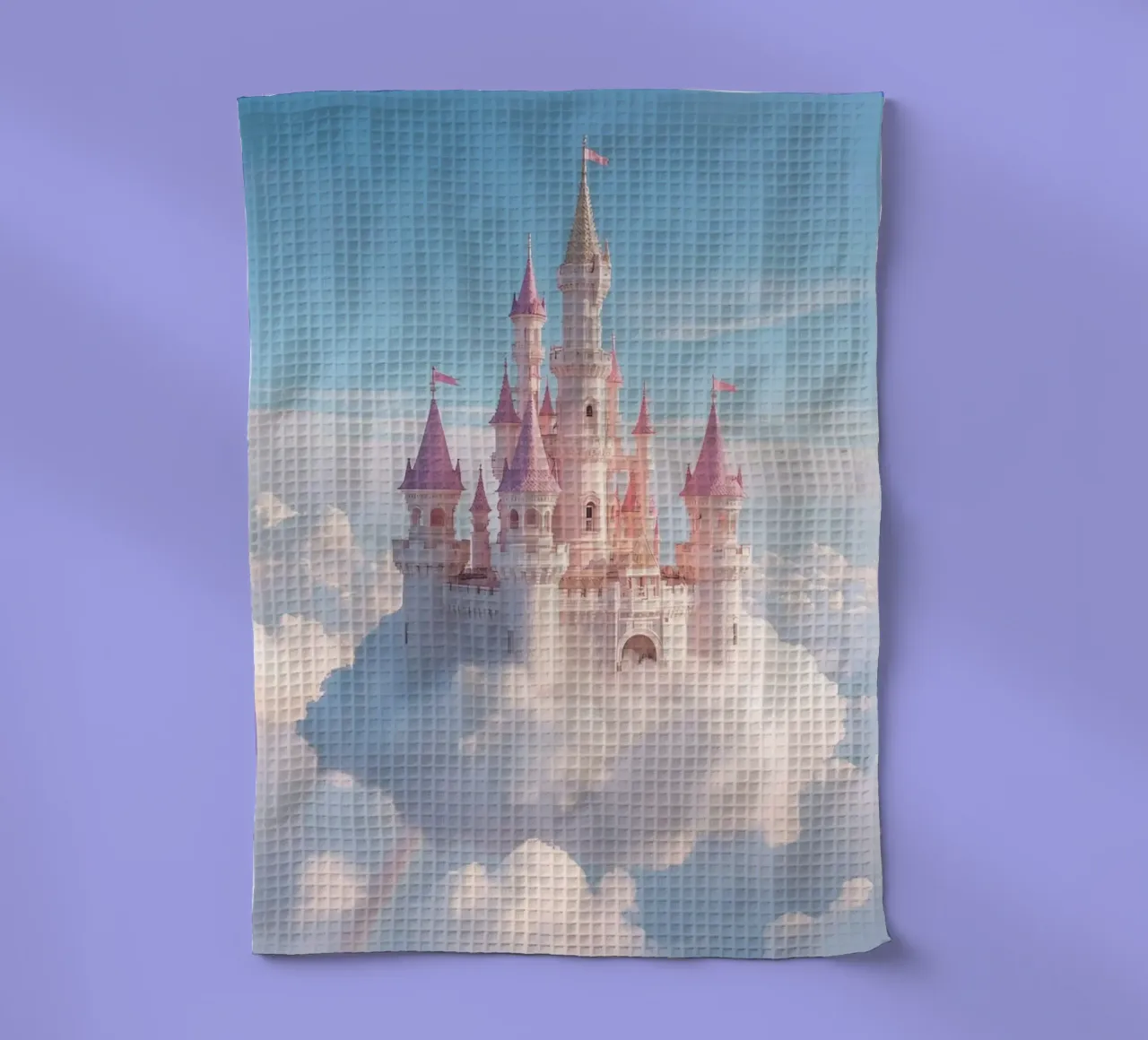 Castle floating on clouds with rainbow tea towel by DesignDoodle