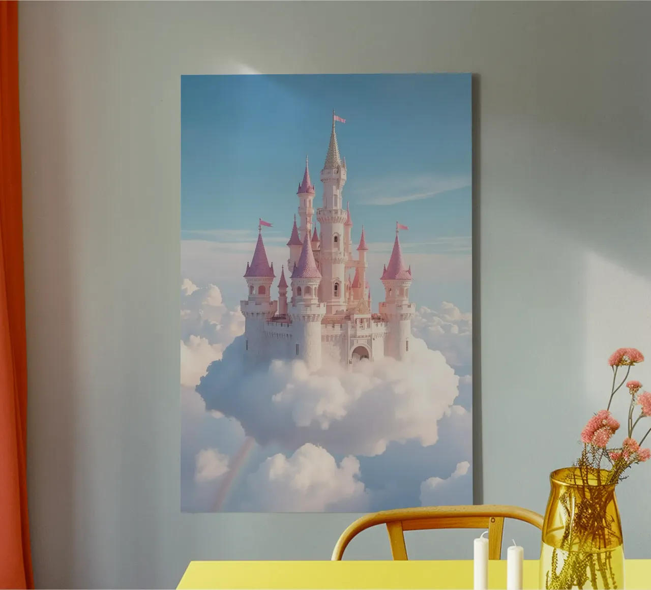 Castle floating on clouds with rainbow canvas by DesignDoodle