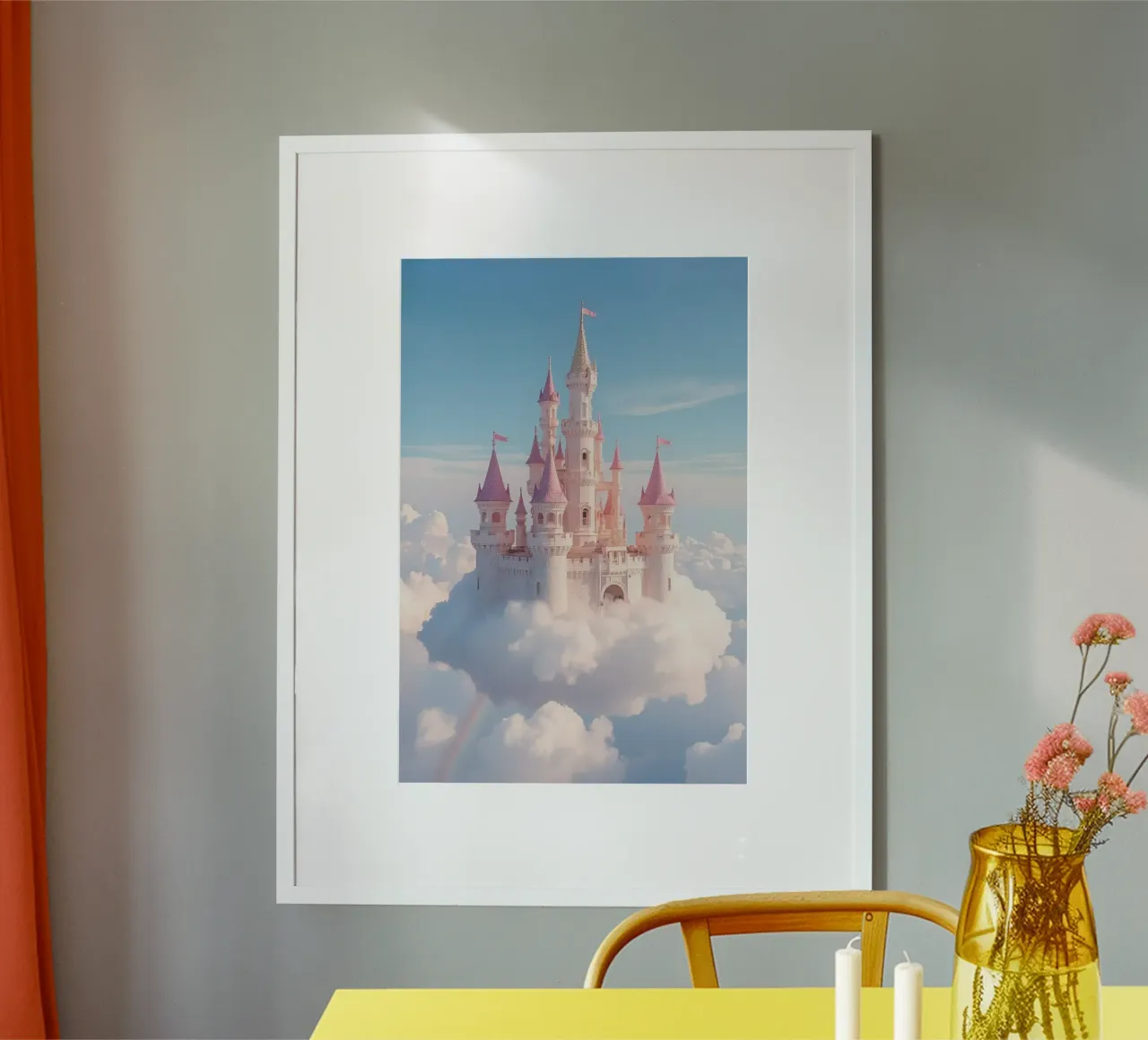 Castle floating on clouds with rainbow hahnemühle by DesignDoodle