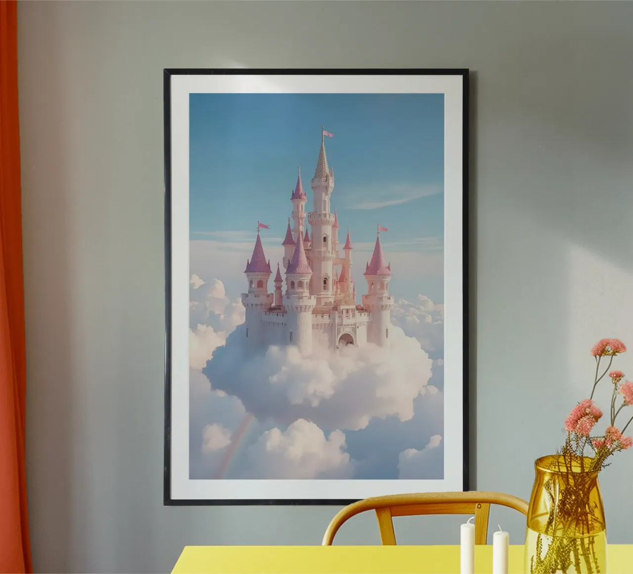 Castle floating on clouds with rainbow hahnemühle by DesignDoodle