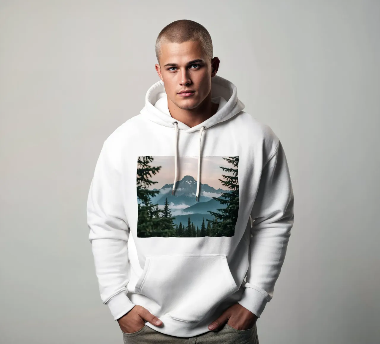 Bosque de coníferas que enmarca un pico nevado sudadera con capucha de DesignDoodle