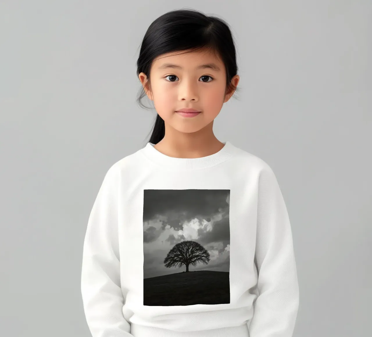 Árbol caducifolio en una colina cubierta de hierba bajo un cielo nublado sudadera para niño de DesignDoodle