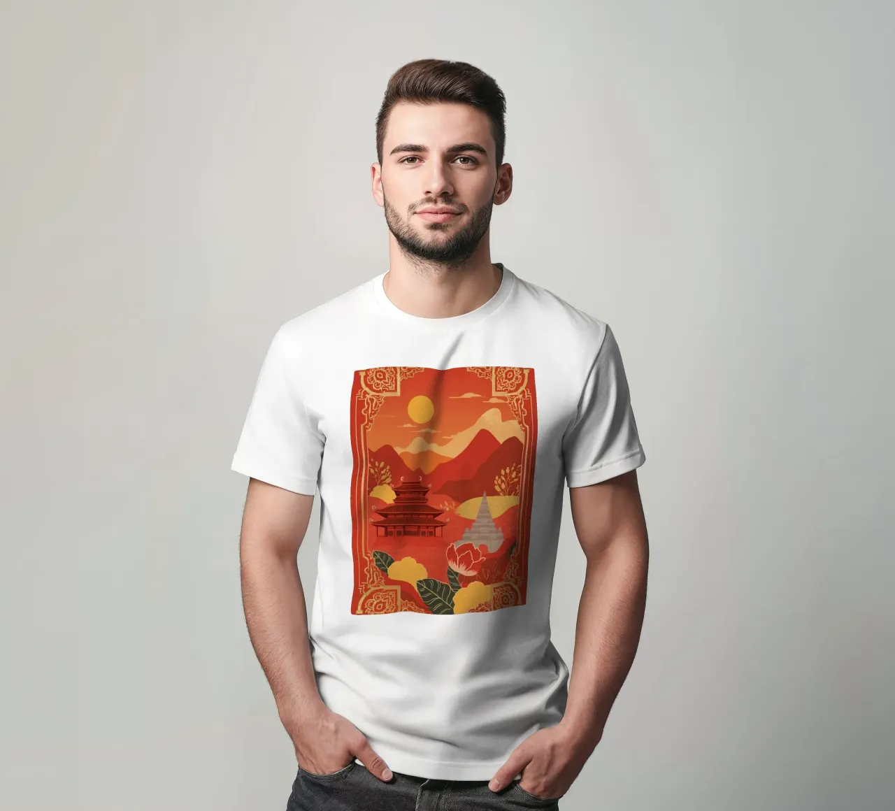 Paesaggio asiatico con tempio e pagoda t-shirt da DesignDoodle