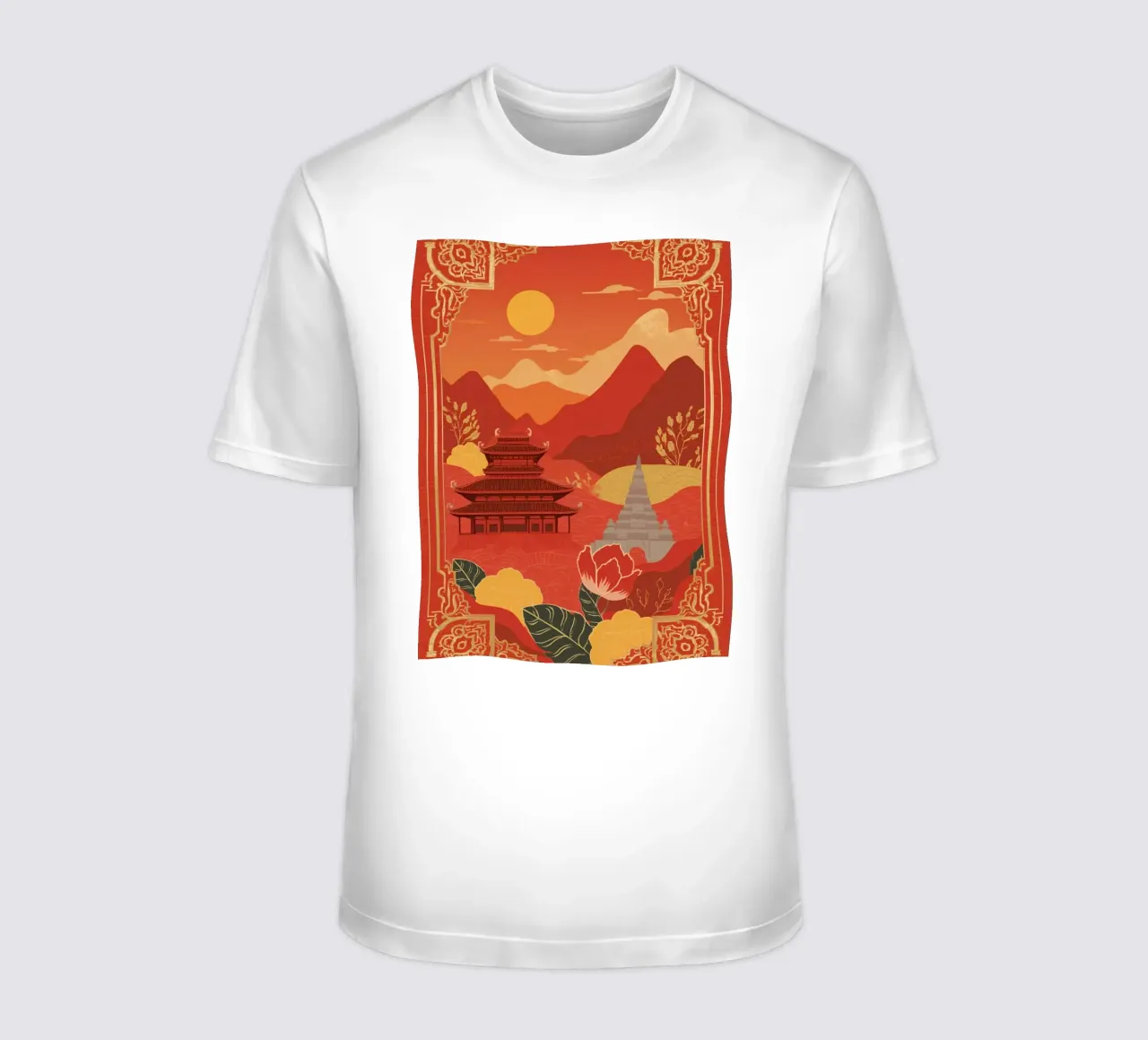 Paesaggio asiatico con tempio e pagoda t-shirt da DesignDoodle