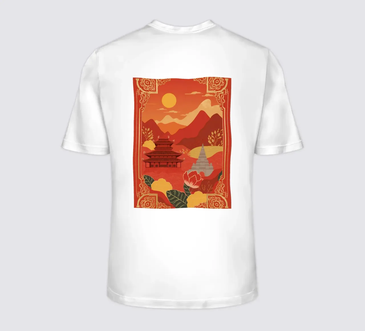 Paesaggio asiatico con tempio e pagoda t-shirt da DesignDoodle