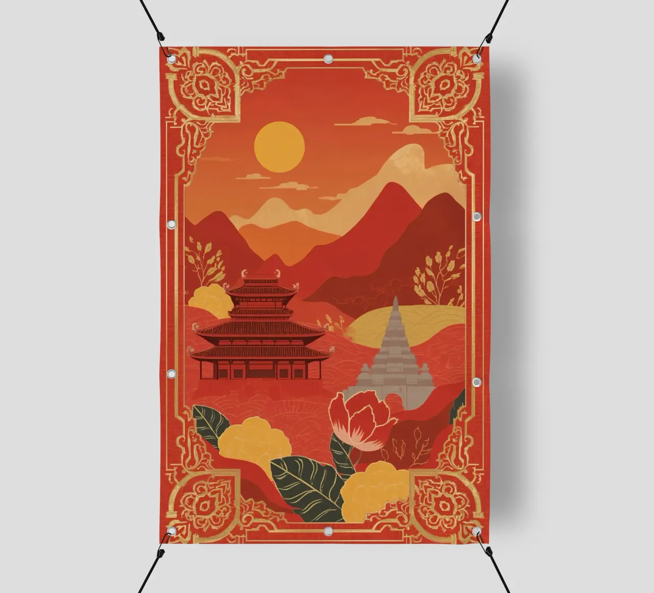 Paesaggio asiatico con tempio e pagoda telo in pvc da DesignDoodle