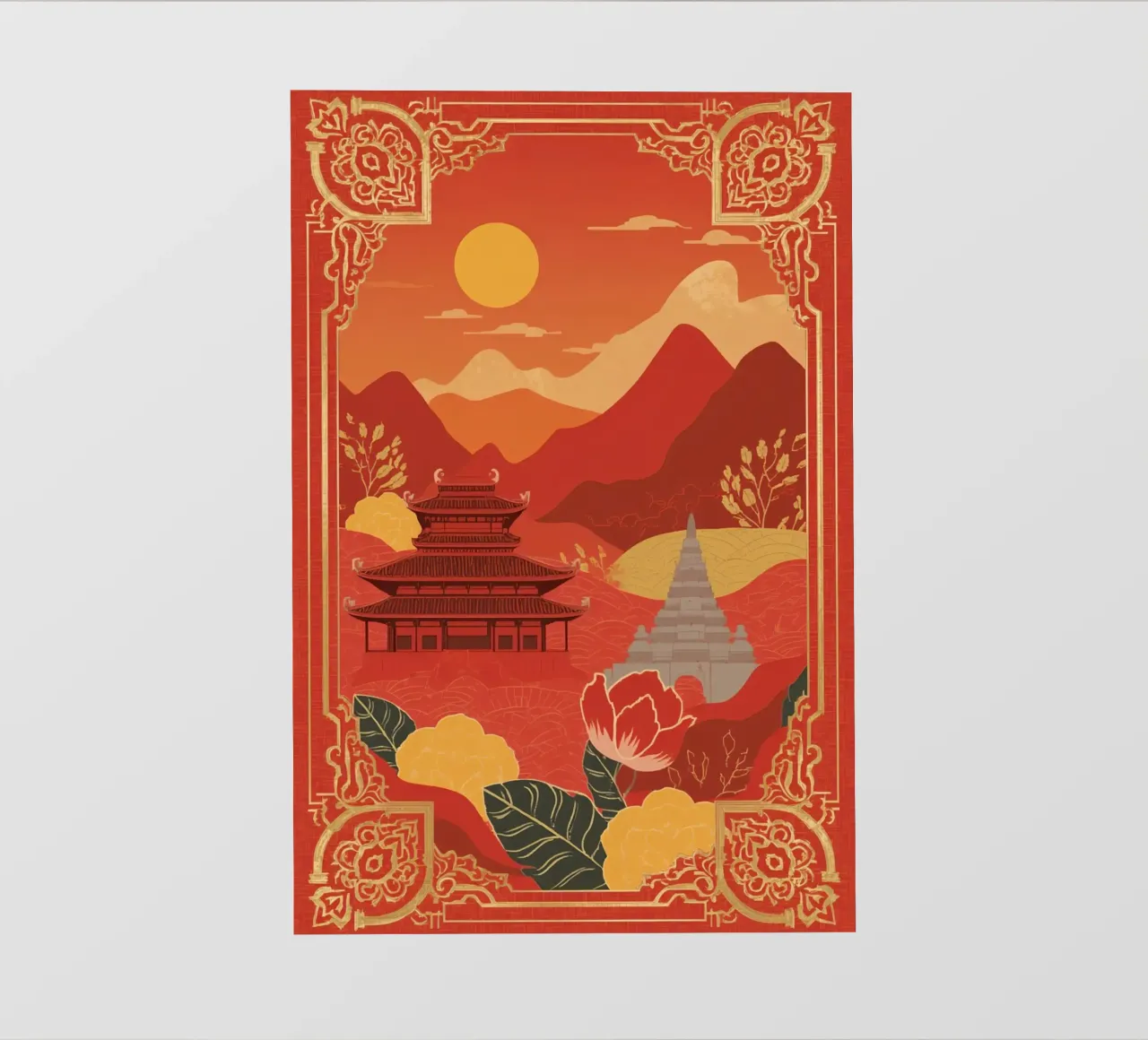 Paesaggio asiatico con tempio e pagoda telo in pvc da DesignDoodle
