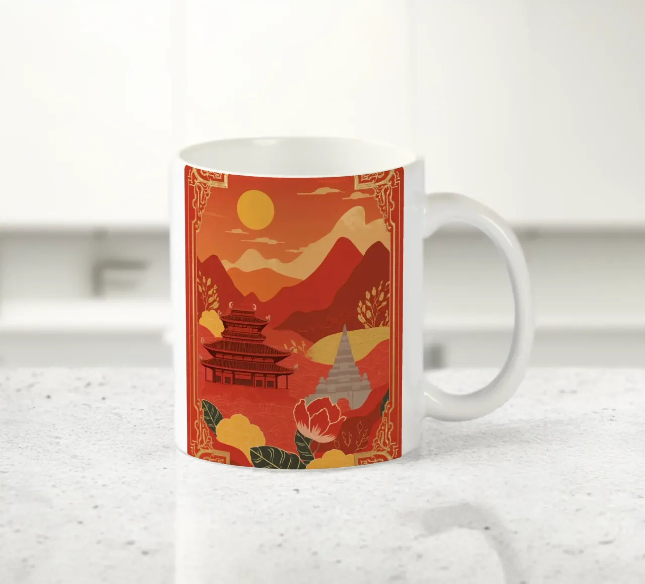 Paesaggio asiatico con tempio e pagoda tazza in ceramica da DesignDoodle