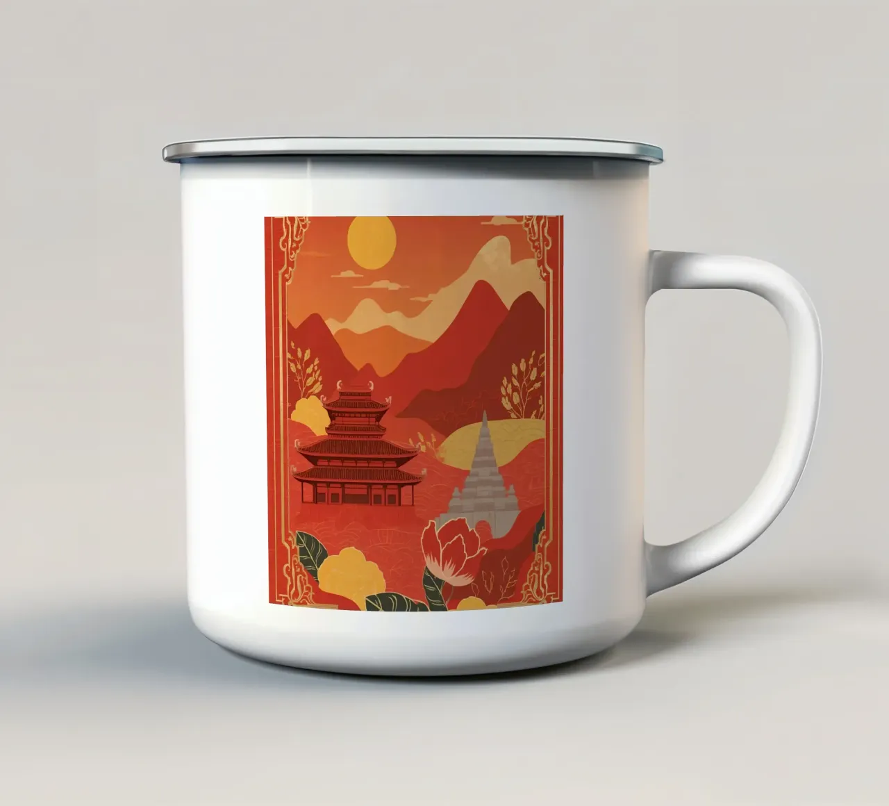 Paesaggio asiatico con tempio e pagoda tazza in smalto da DesignDoodle