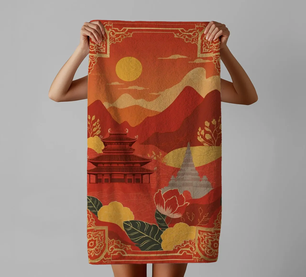 Paesaggio asiatico con tempio e pagoda asciugamano da bagno da DesignDoodle