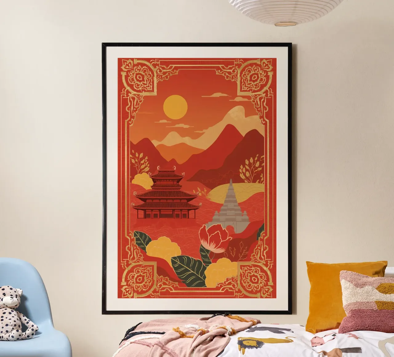 Paesaggio asiatico con tempio e pagoda carta hahnemühle da DesignDoodle
