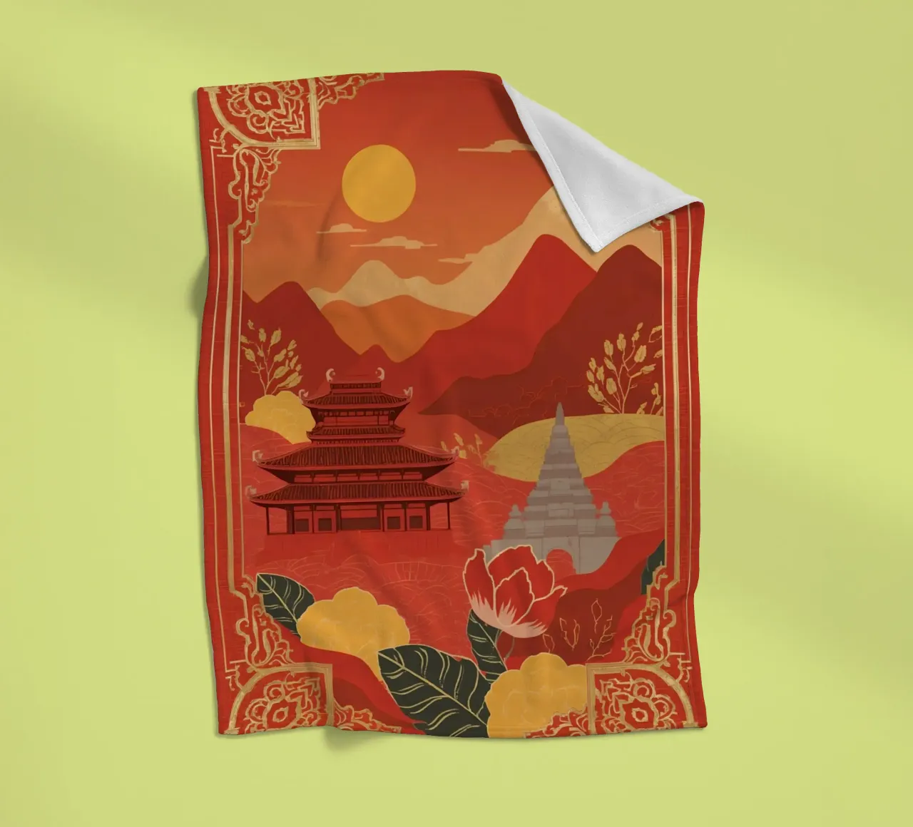 Paesaggio asiatico con tempio e pagoda coperta in pile da DesignDoodle