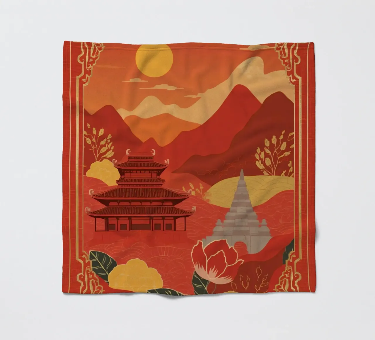Paesaggio asiatico con tempio e pagoda coperta in pile da DesignDoodle