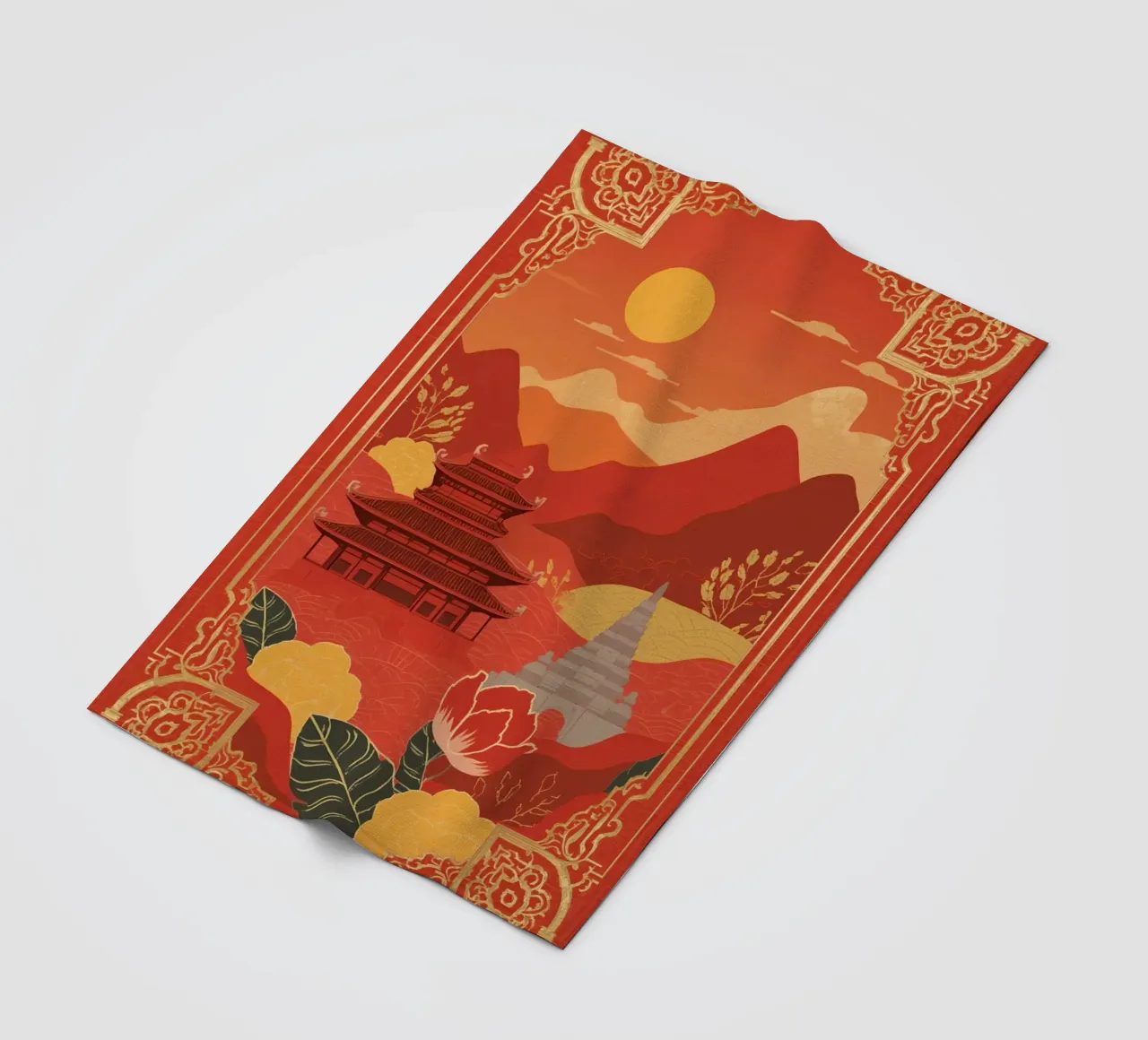 Paesaggio asiatico con tempio e pagoda coperta in pile da DesignDoodle