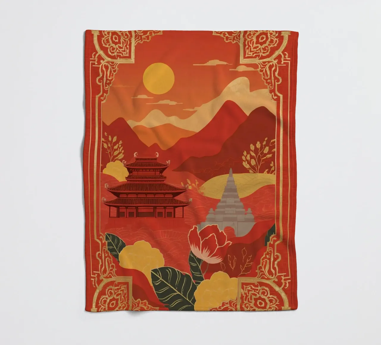 Paesaggio asiatico con tempio e pagoda coperta in pile da DesignDoodle