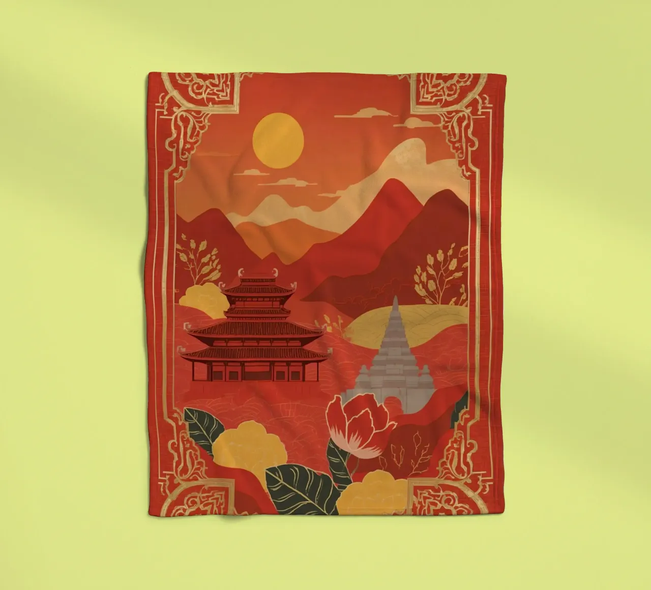 Paesaggio asiatico con tempio e pagoda coperta in pile da DesignDoodle