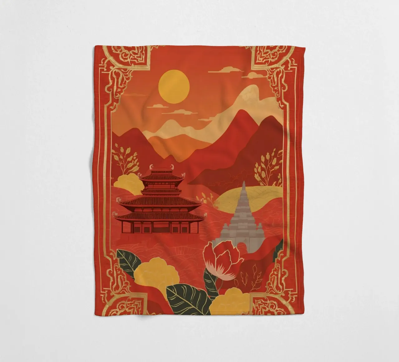 Paesaggio asiatico con tempio e pagoda coperta in pile da DesignDoodle