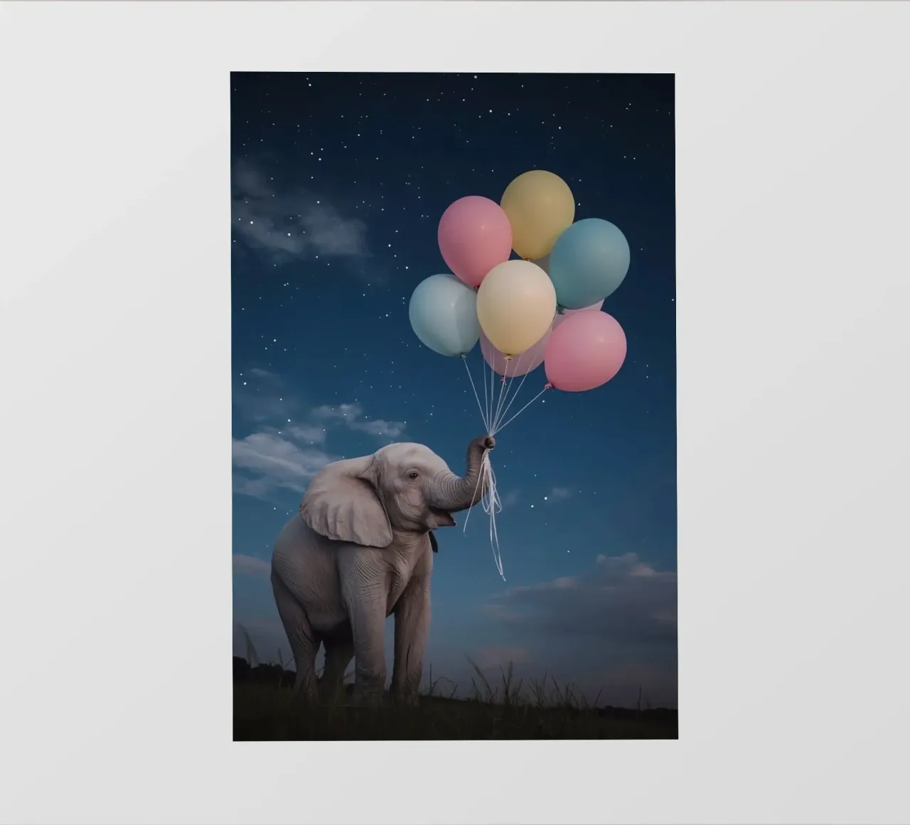 Elefante carino con palloncini in mano di notte pellicola backlit da DesignDoodle