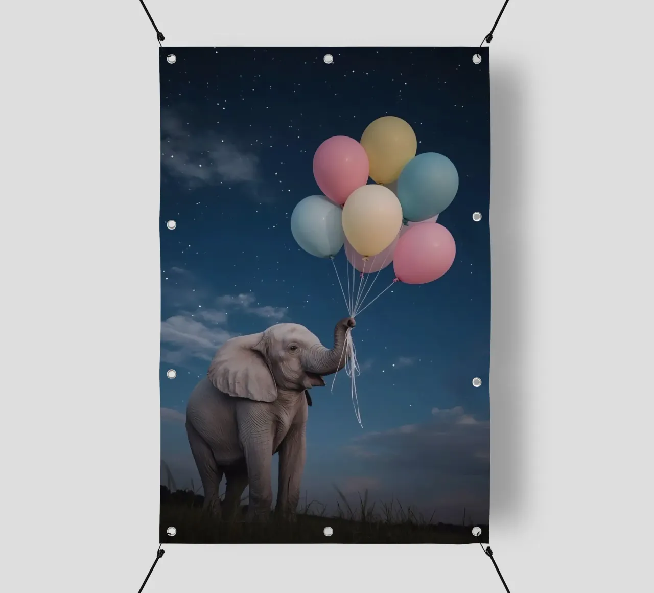 Elefante carino con palloncini in mano di notte telo in pvc da DesignDoodle
