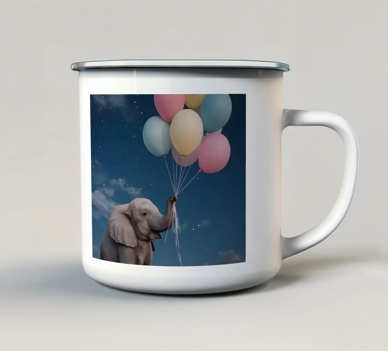 Elefante carino con palloncini in mano di notte tazza in smalto da DesignDoodle