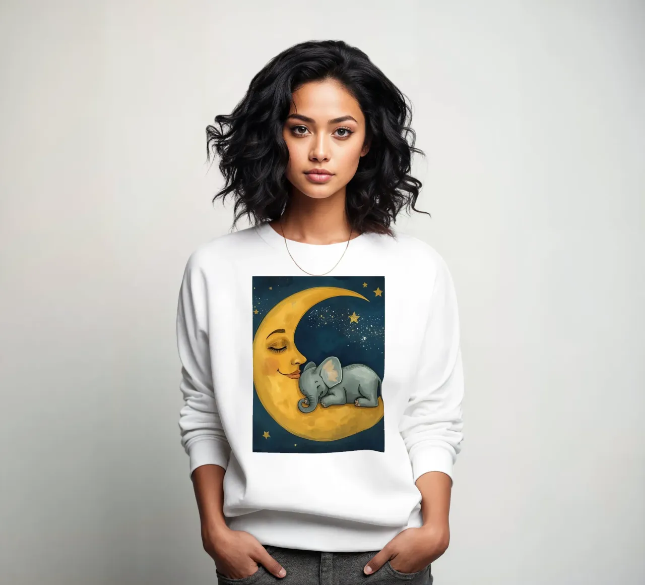 Elephant sleeping on crescent moon with smiling face sweatshirt by DesignDoodle