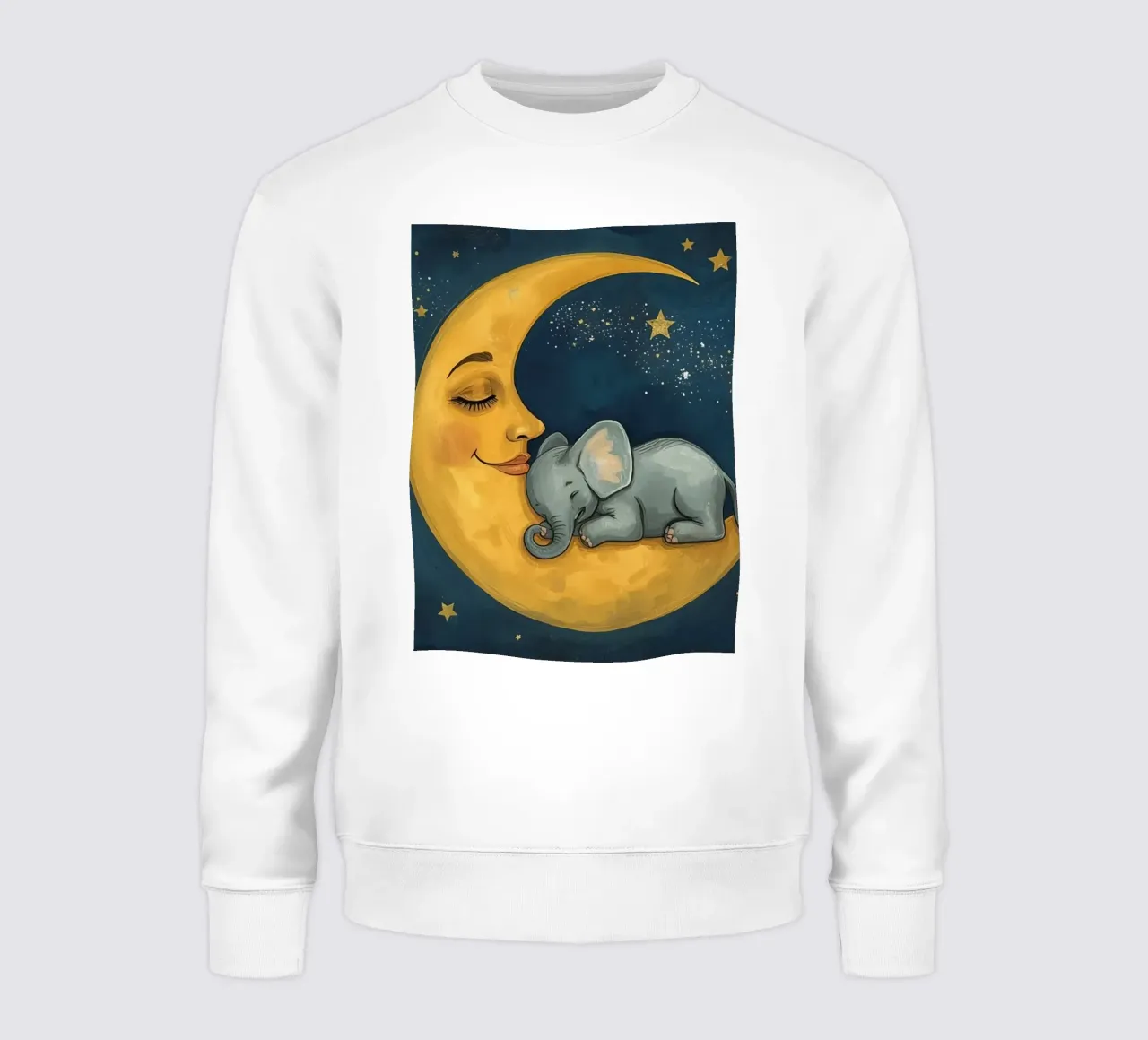 Elephant sleeping on crescent moon with smiling face sweatshirt by DesignDoodle