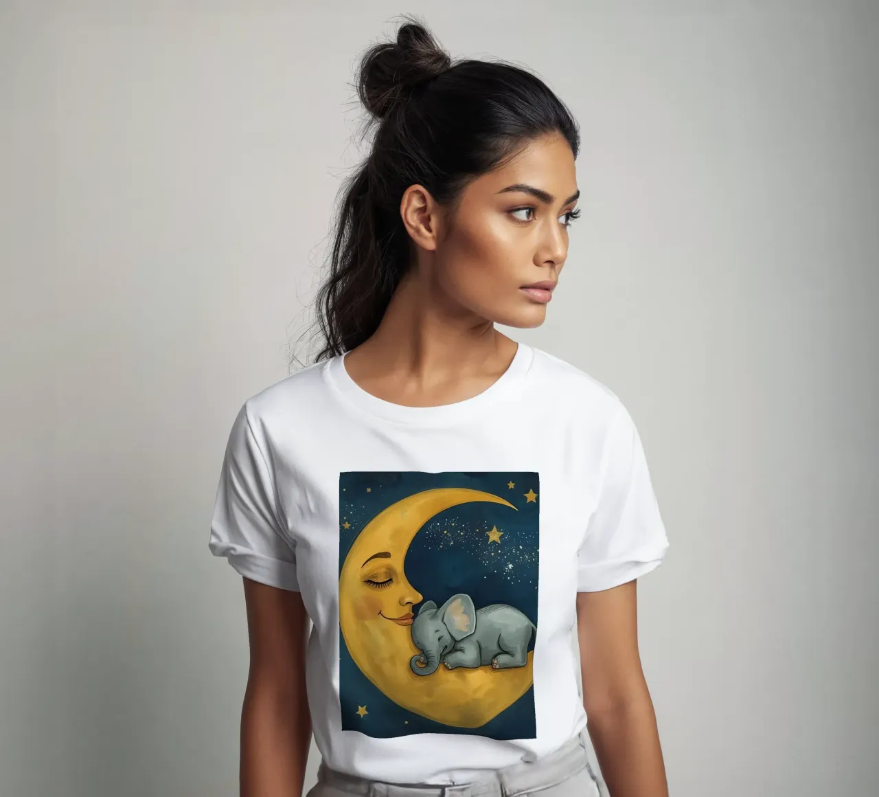 Elephant sleeping on crescent moon with smiling face t-shirt by DesignDoodle