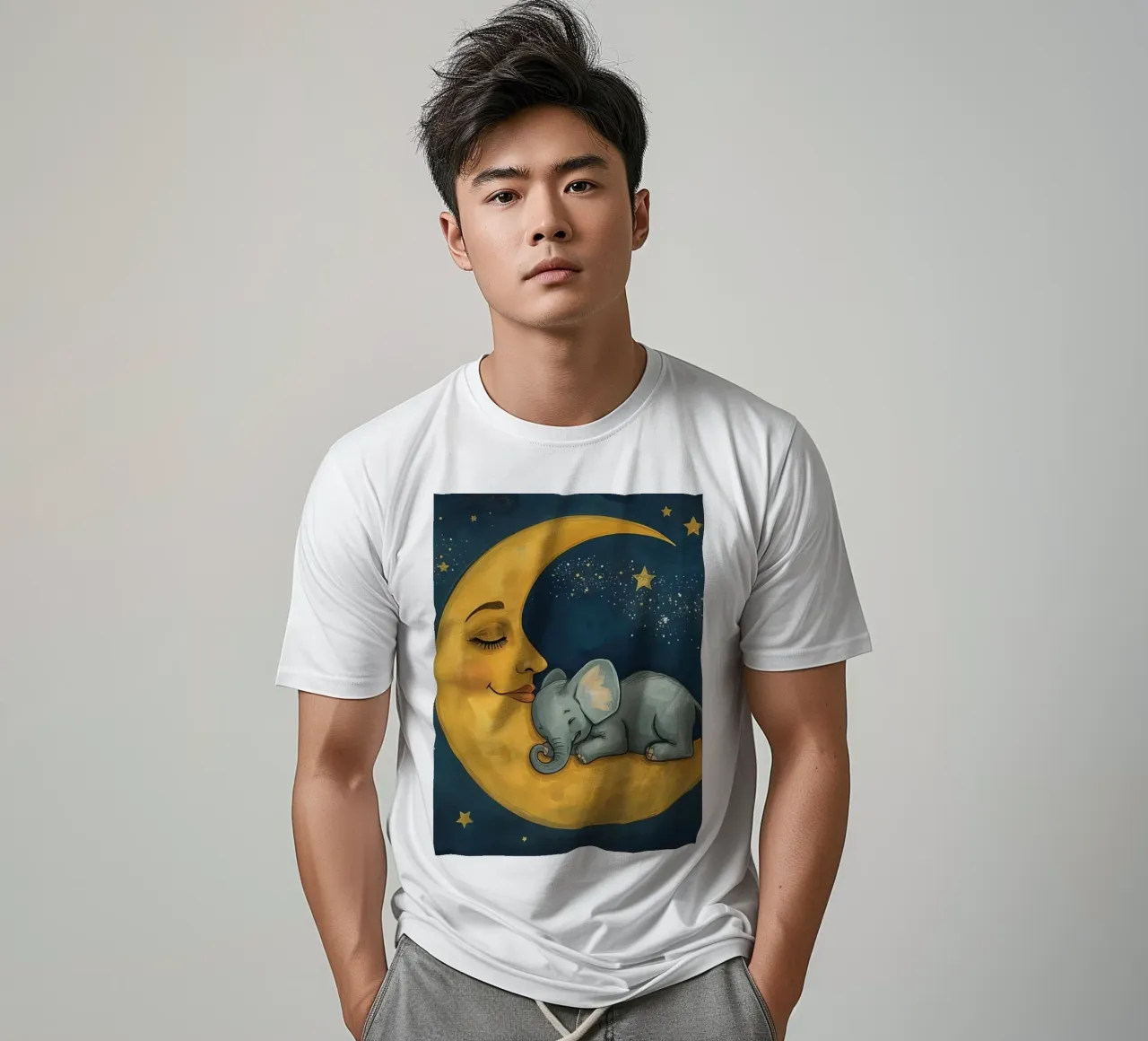 Elephant sleeping on crescent moon with smiling face t-shirt by DesignDoodle