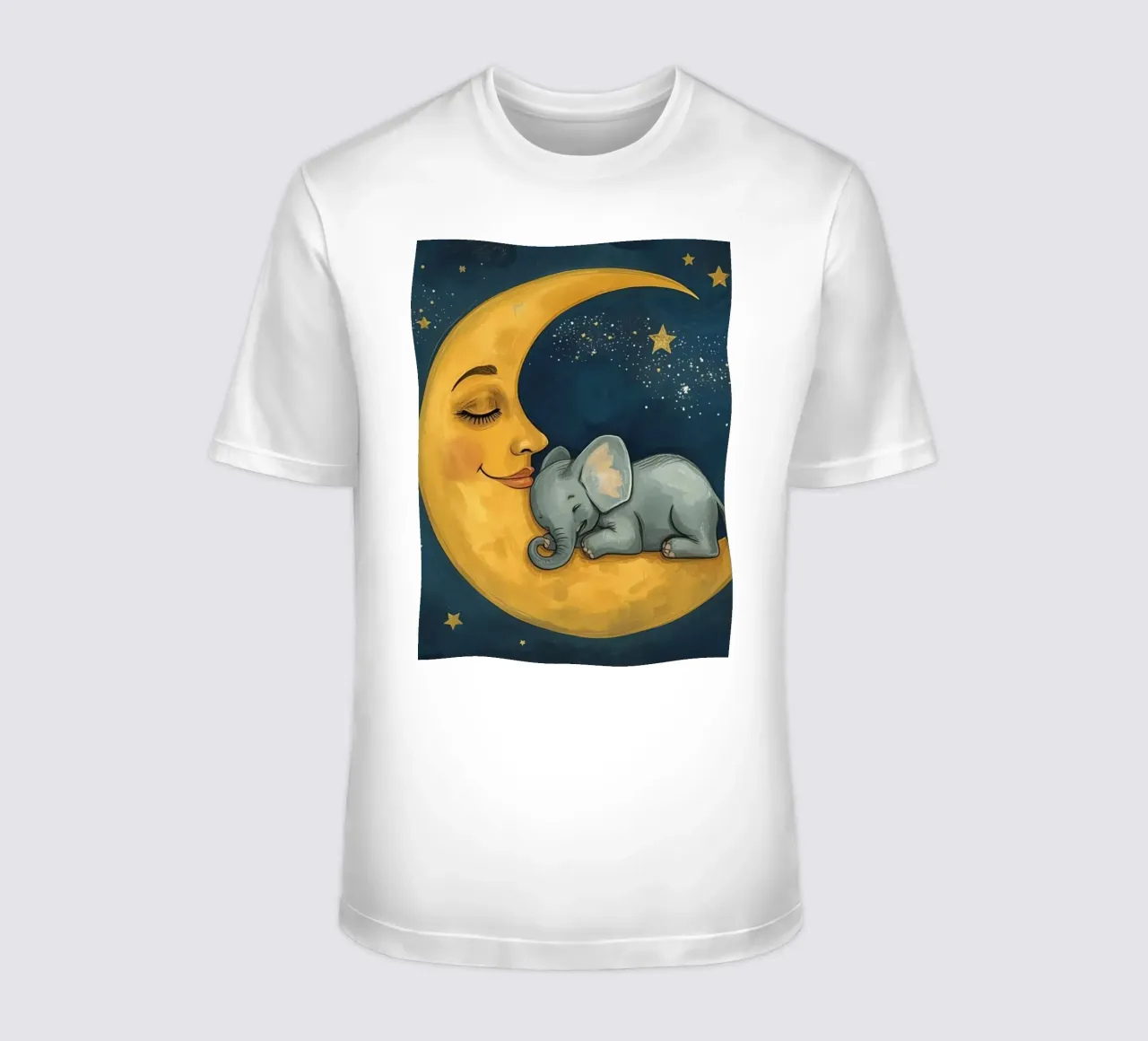 Elephant sleeping on crescent moon with smiling face t-shirt by DesignDoodle