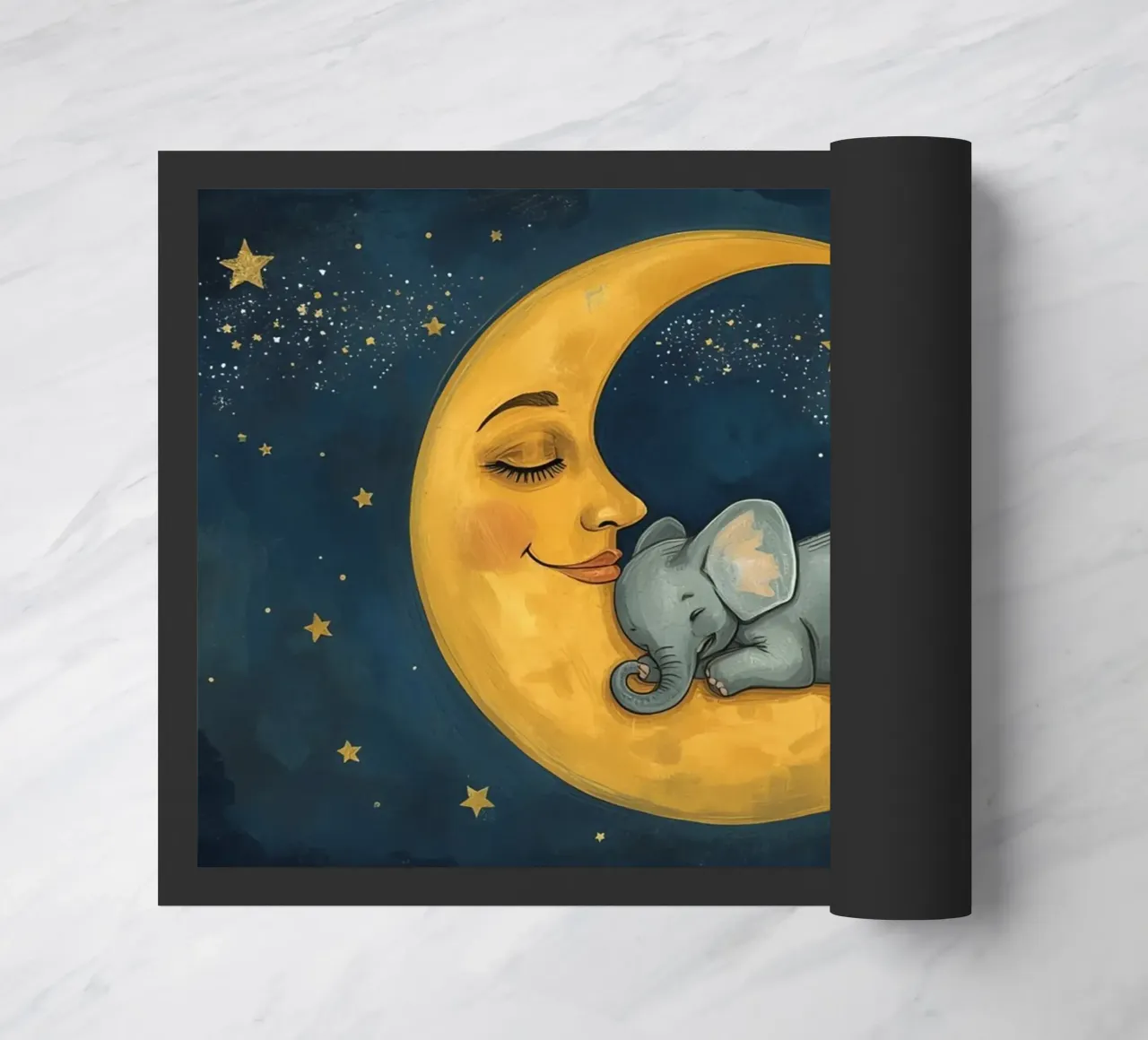 Elephant sleeping on crescent moon with smiling face doormat by DesignDoodle