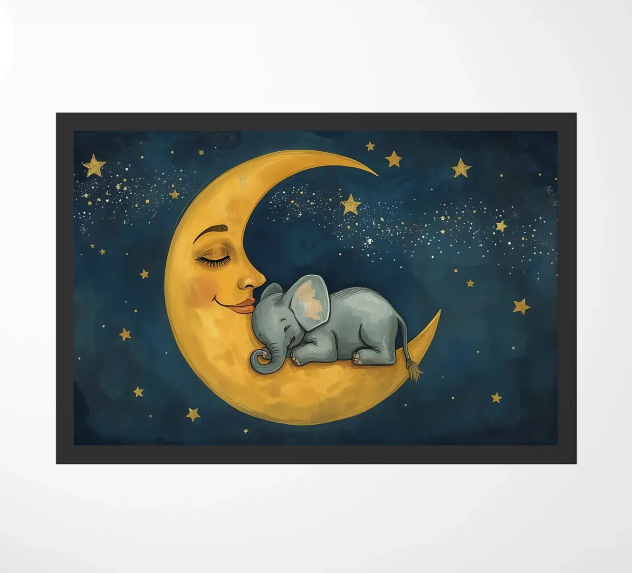 Elephant sleeping on crescent moon with smiling face doormat by DesignDoodle