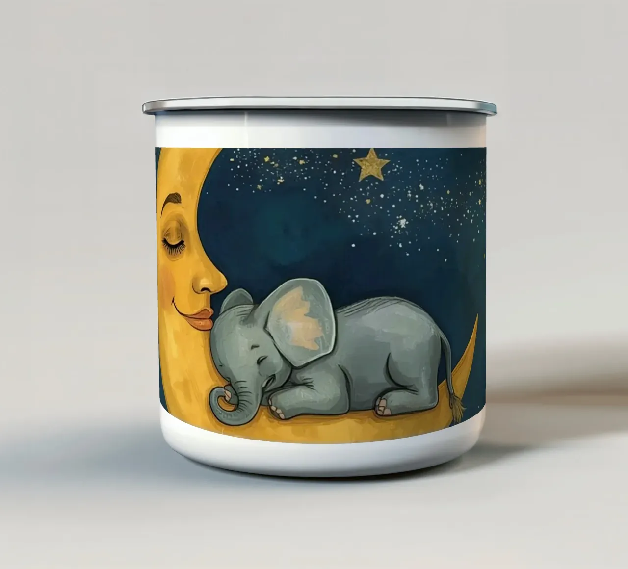 Olifant slapend op halve maan met lachend gezicht emaille mok van DesignDoodle