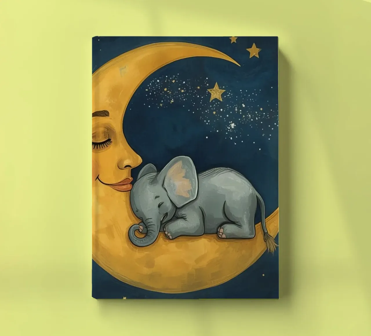 Elephant sleeping on crescent moon with smiling face notebook by DesignDoodle