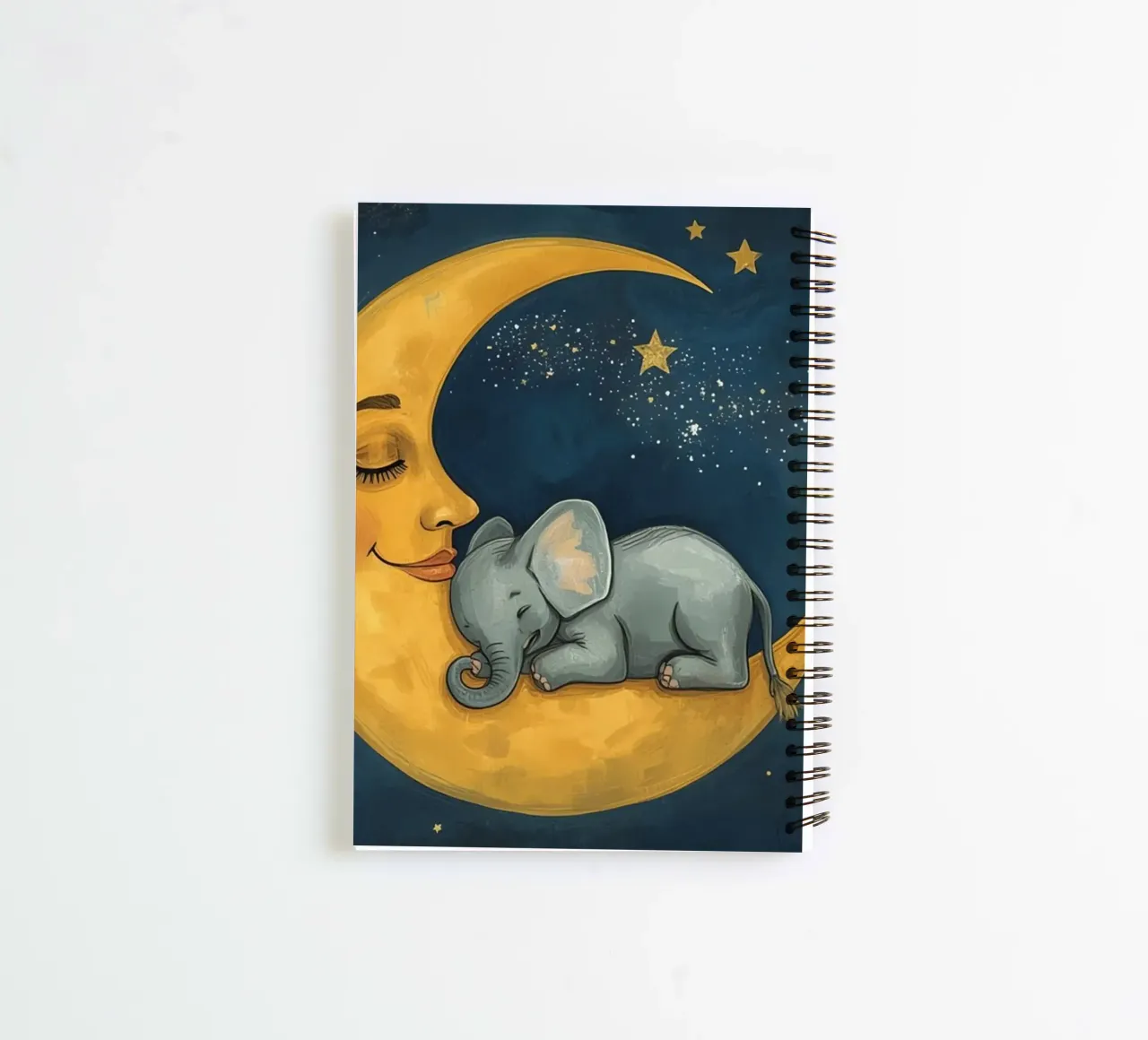 Elephant sleeping on crescent moon with smiling face spiral notebook by DesignDoodle