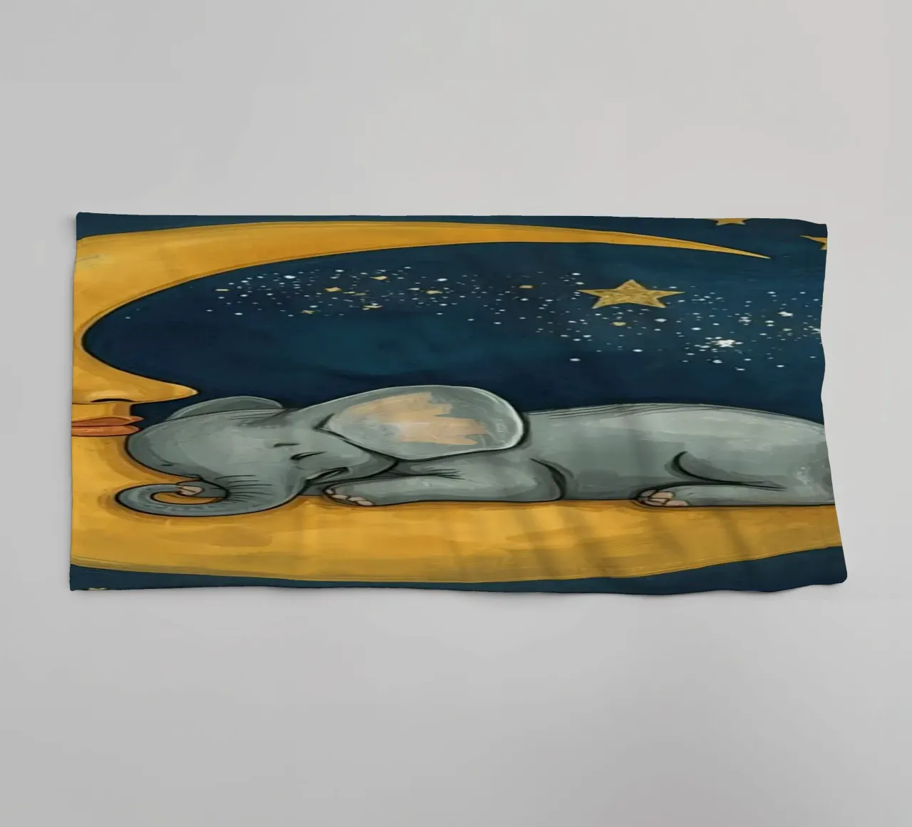 Elephant sleeping on crescent moon with smiling face towel by DesignDoodle