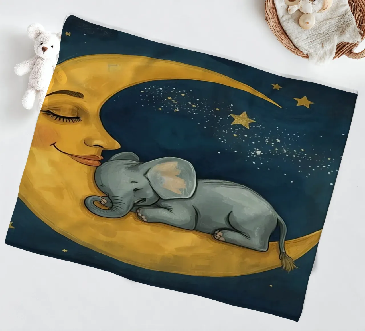 Elephant sleeping on crescent moon with smiling face fleece blanket by DesignDoodle