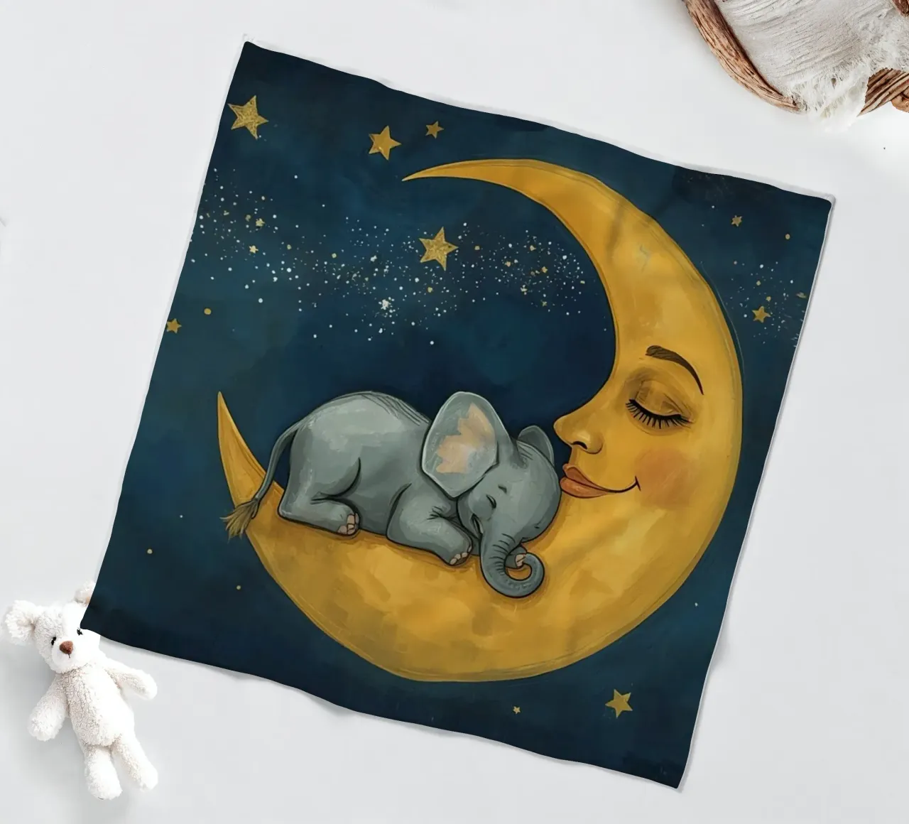 Elephant sleeping on crescent moon with smiling face fleece blanket by DesignDoodle