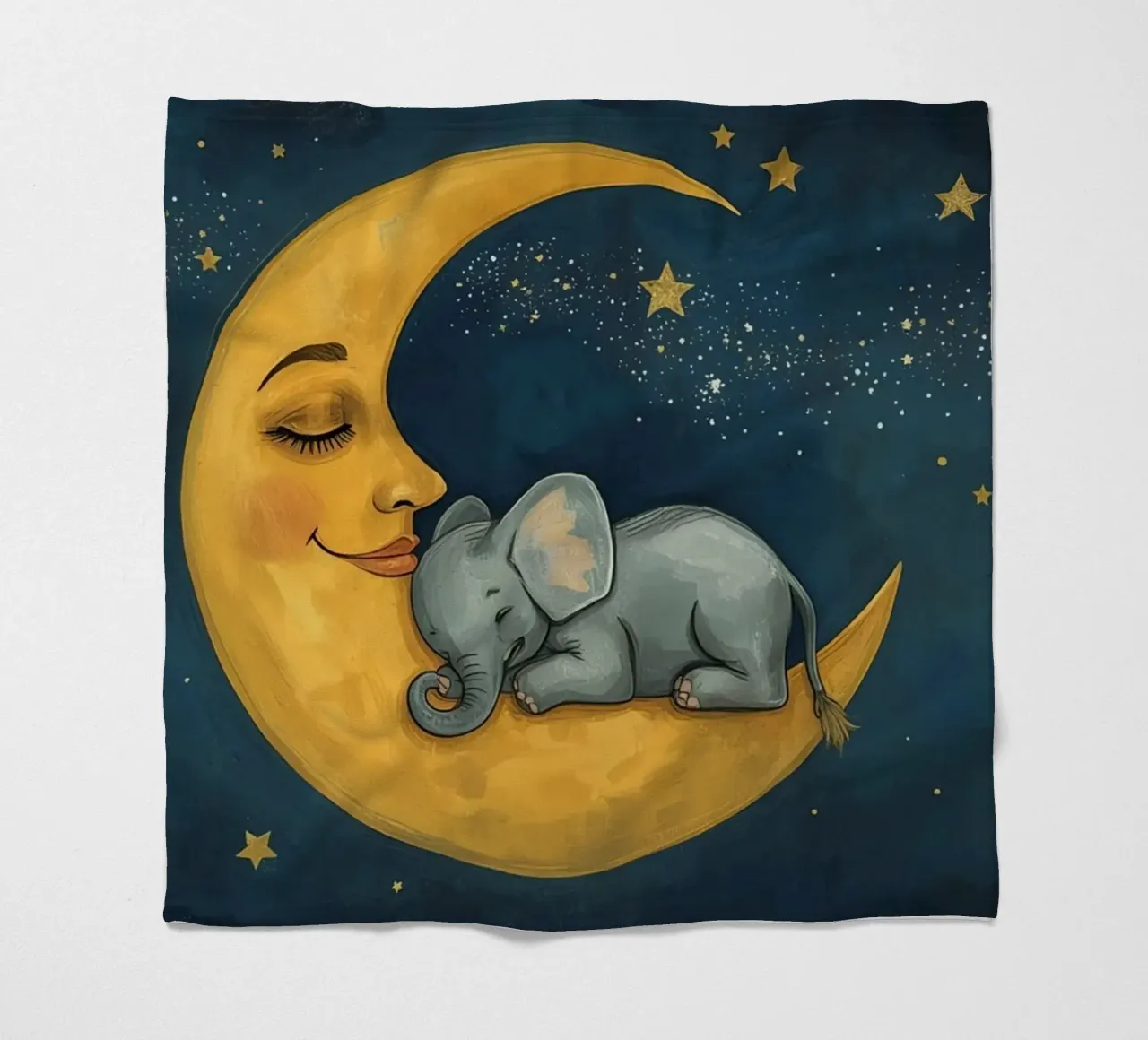 Elephant sleeping on crescent moon with smiling face fleece blanket by DesignDoodle