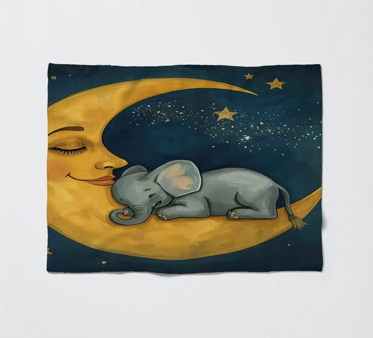 Elephant sleeping on crescent moon with smiling face fleece blanket by DesignDoodle
