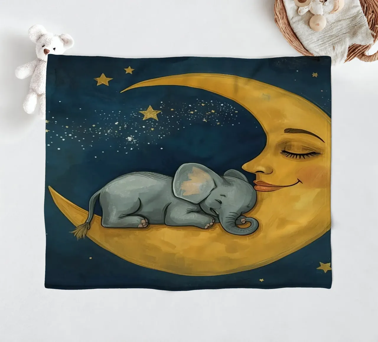 Elephant sleeping on crescent moon with smiling face fleece blanket by DesignDoodle