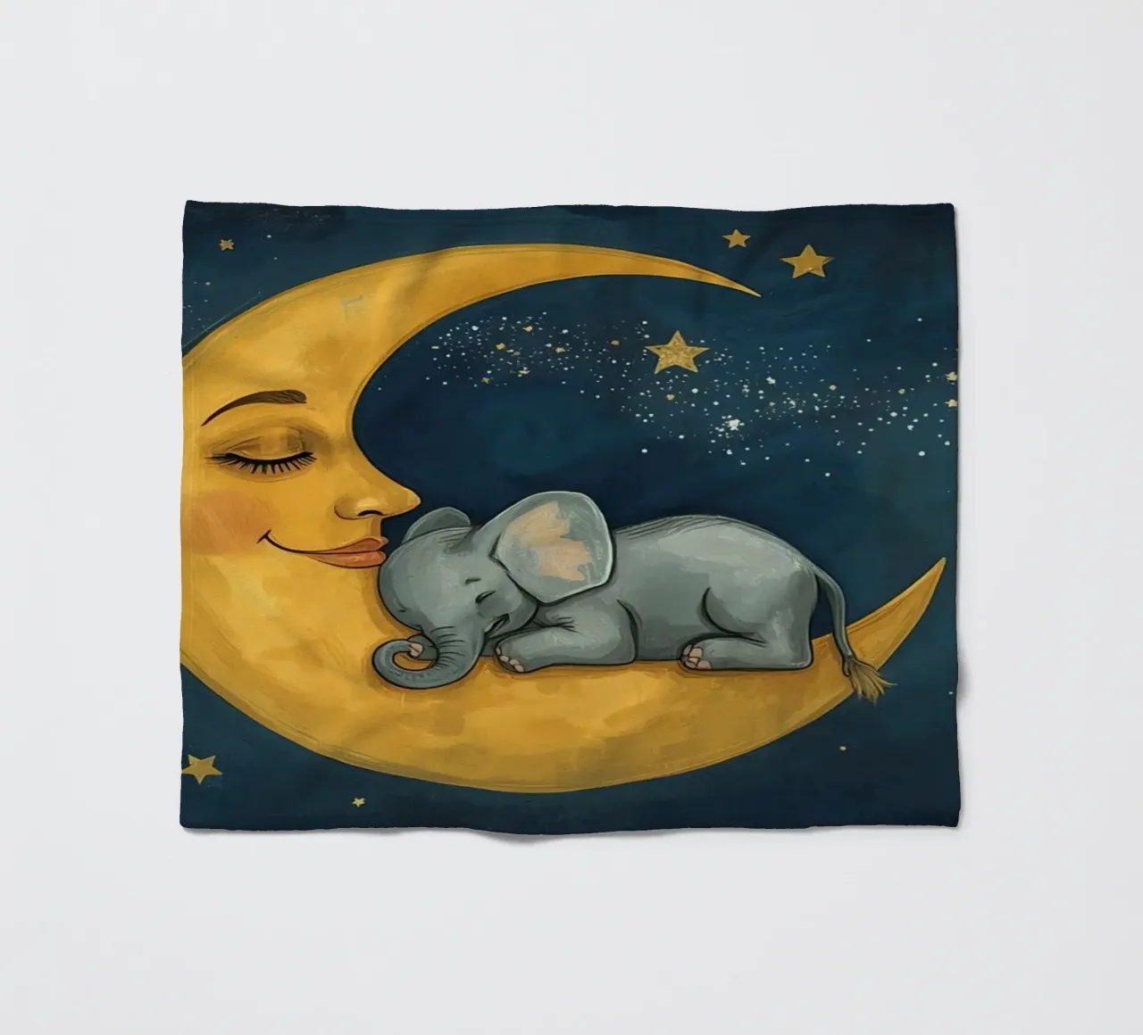 Elephant sleeping on crescent moon with smiling face fleece blanket by DesignDoodle