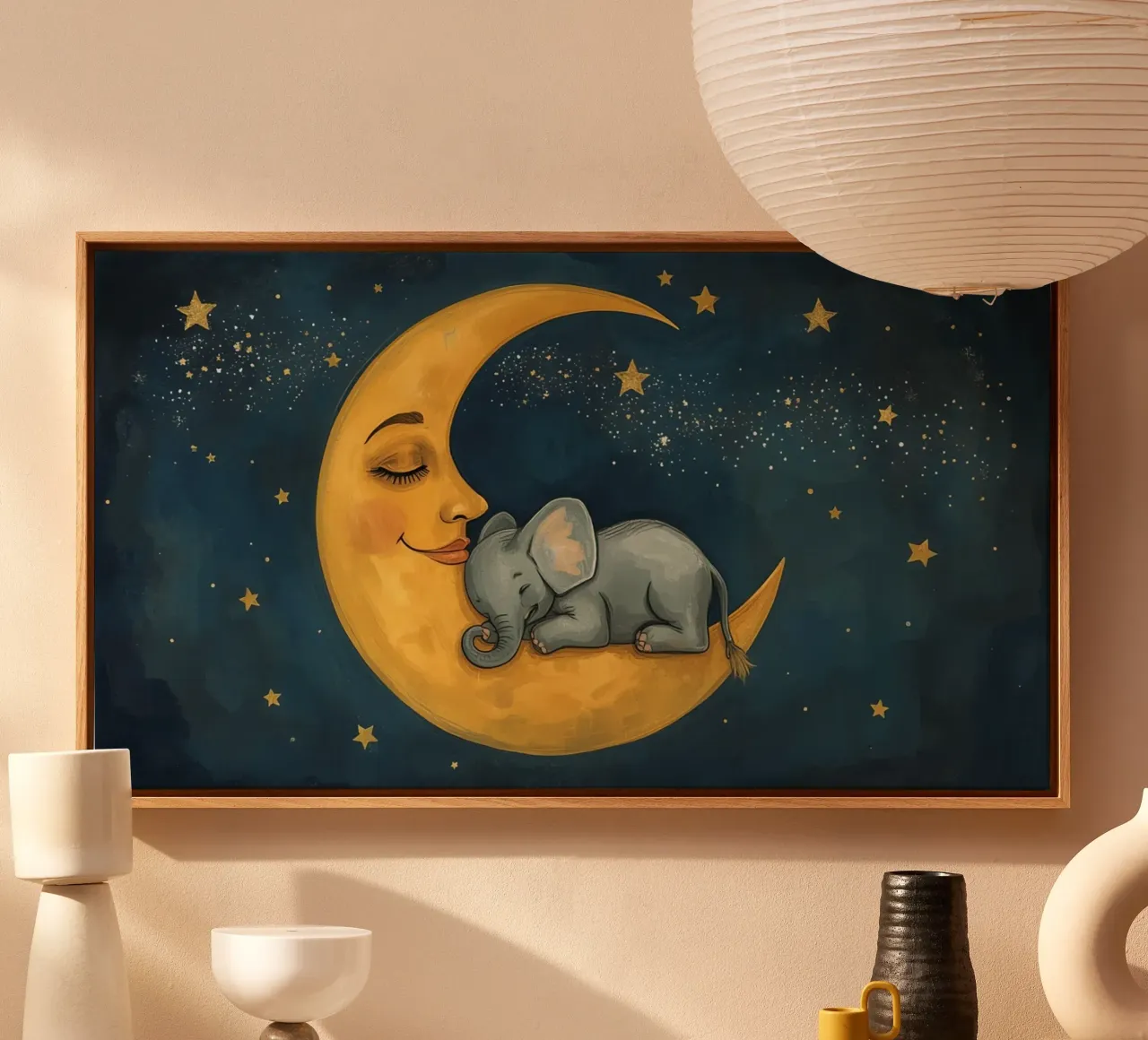 Elephant sleeping on crescent moon with smiling face canvas by DesignDoodle