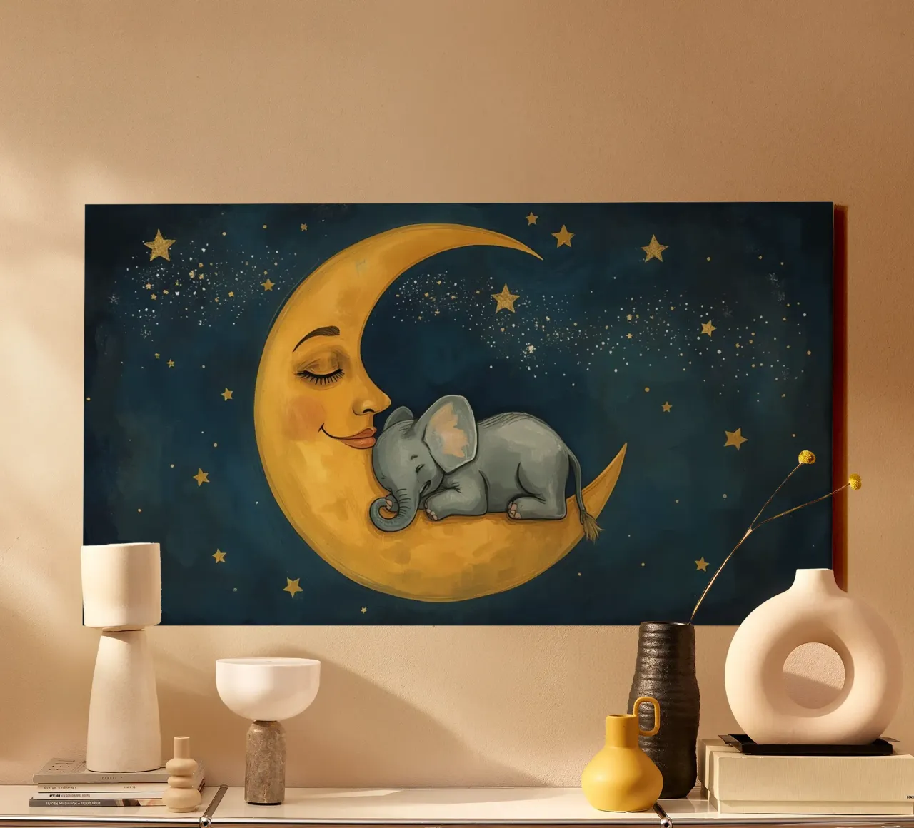 Elephant sleeping on crescent moon with smiling face canvas by DesignDoodle