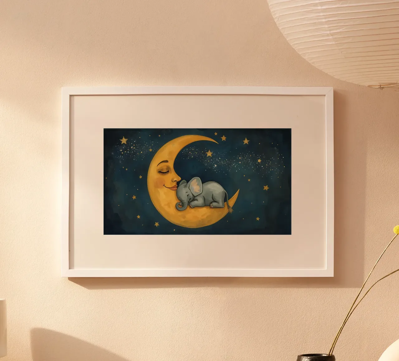Elephant sleeping on crescent moon with smiling face hahnemühle by DesignDoodle
