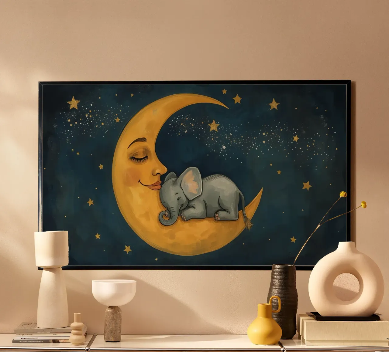 Elephant sleeping on crescent moon with smiling face hahnemühle by DesignDoodle