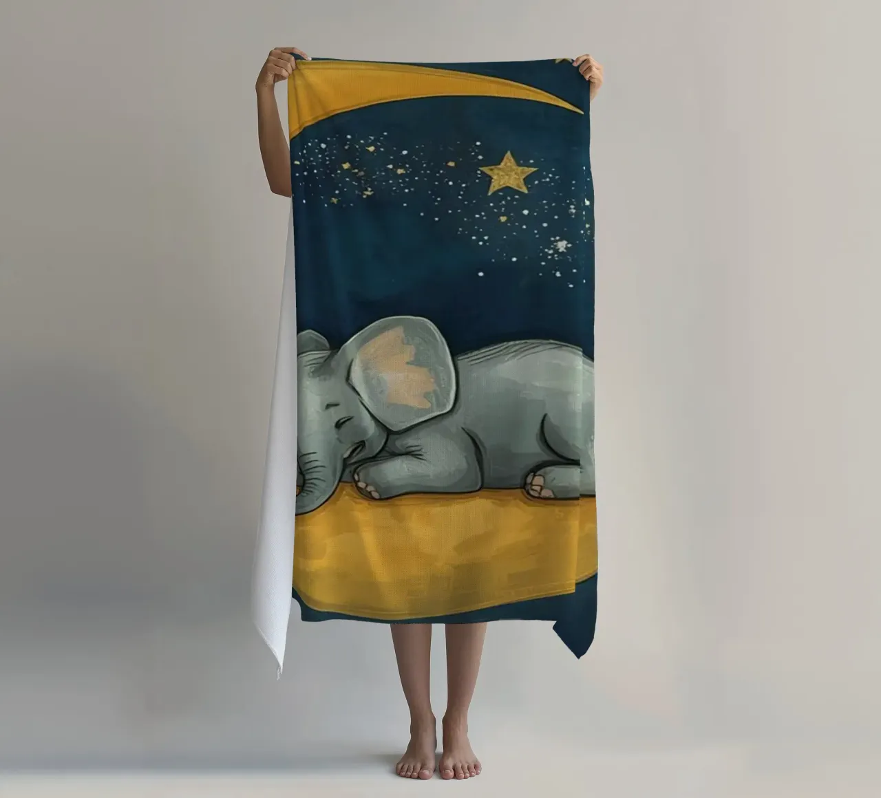 Elephant sleeping on crescent moon with smiling face beach towel by DesignDoodle
