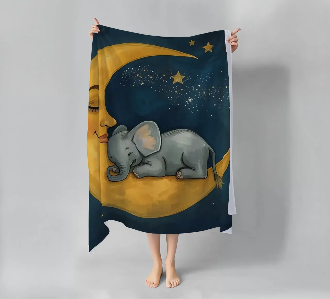 Elephant sleeping on crescent moon with smiling face beach towel by DesignDoodle