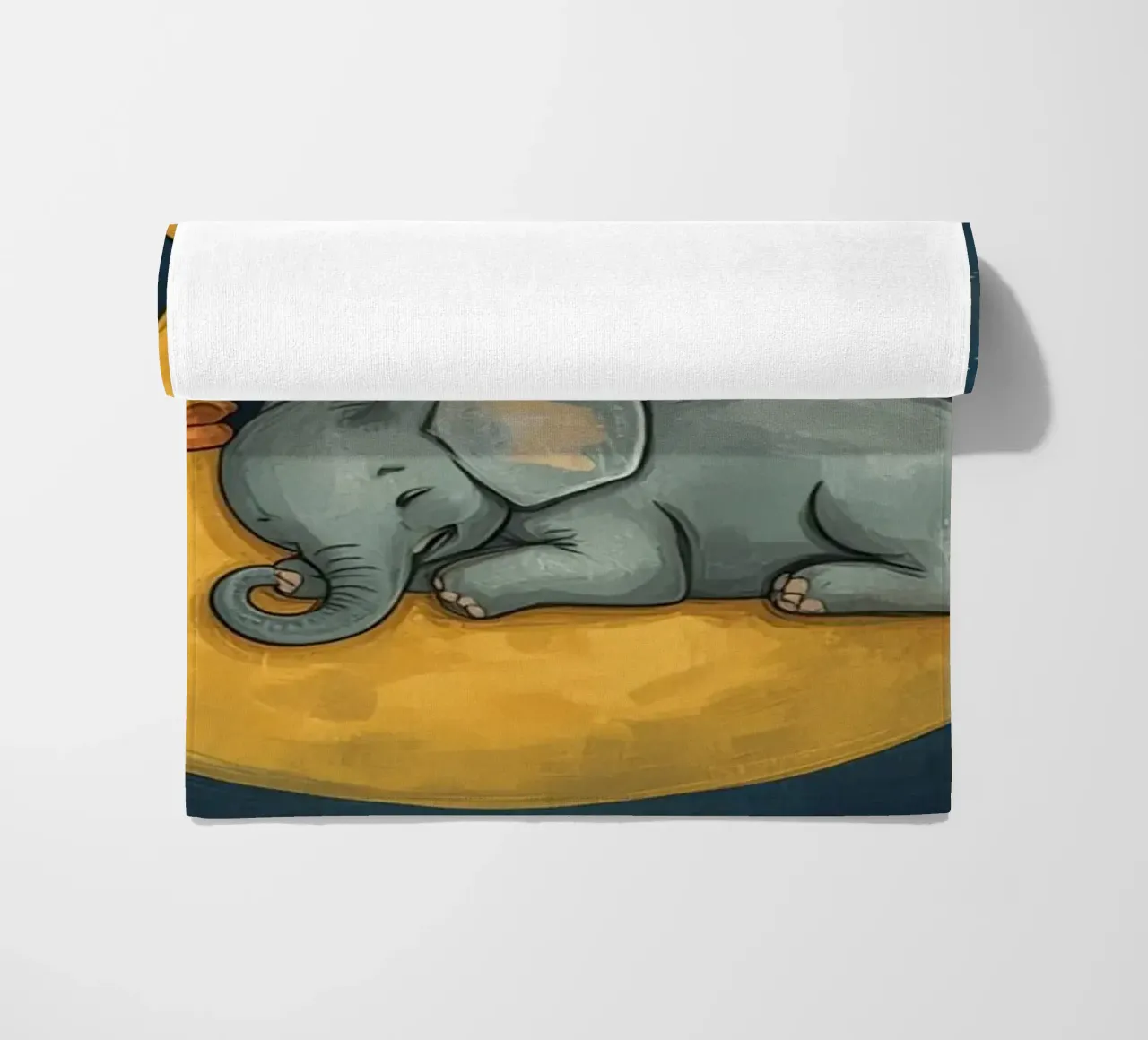 Elephant sleeping on crescent moon with smiling face beach towel by DesignDoodle